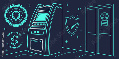 Secure financial transactions with modern ATM and protective shield icon