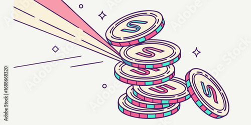 Dynamic stack of coins tumbling with vibrant energy and sparkling success for financial growth concepts