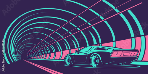 Dynamic retro sports car speeds through a vibrant neon tunnel creating an exciting sense of motion