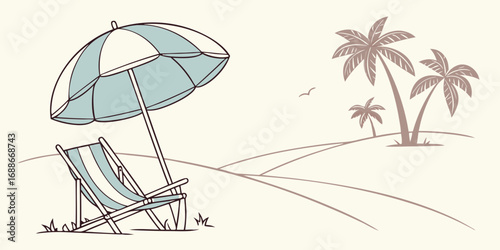 Serene beach scene with striped deck chair under umbrella and distant palm trees evokes pure relaxation