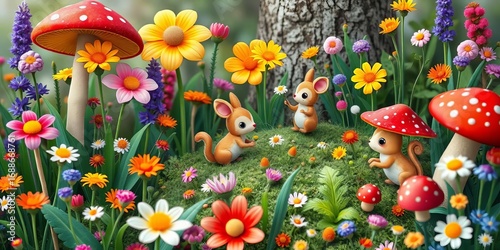Whimsical woodland creatures playing amongst colorful flowers and mushrooms, photo wallpaper, bright