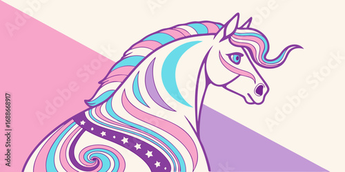 Whimsical unicorn with pastel mane and decorative patterns, symbolizing magic and dreams.
