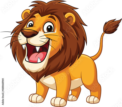 Happy cartoon lion with brown mane standing and smiling, cute jungle animal vector illustration for kids, wildlife, safari design content