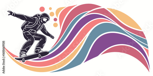 Dynamic skateboarder action captured mid-trick with vibrant colorful abstract flow