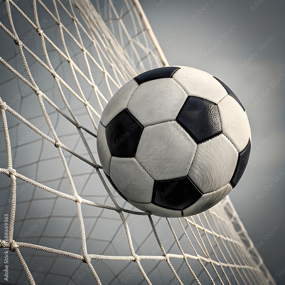 Naklejka premium Soccer ball stuck in the net after scoring a goal