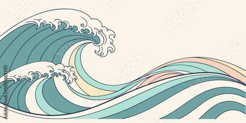 Dynamic ocean wave crests with flowing abstract lines create a serene, artistic visual