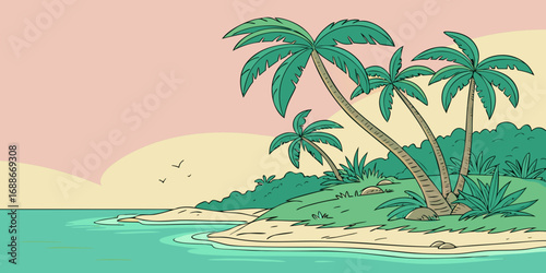 Vibrant tropical island paradise with lush palm trees and serene ocean waters, perfect for escapism.