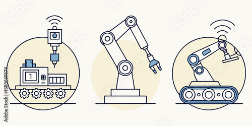 Modern industrial robots and automated machinery create efficient factory production lines for innovation