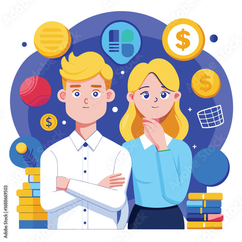 Young couple standing together vector illustration concept with financial icons.eps