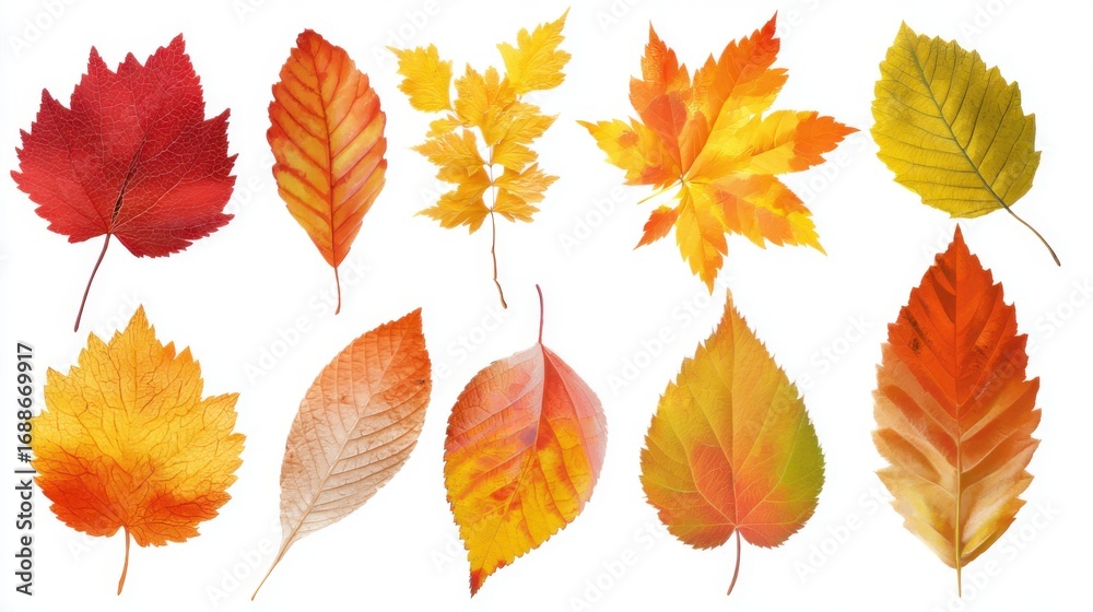Naklejka premium Vibrant leaves in shades of red, yellow, and orange are arranged on a white background. Each leaf showcases its unique shape, representing the beauty of autumn.