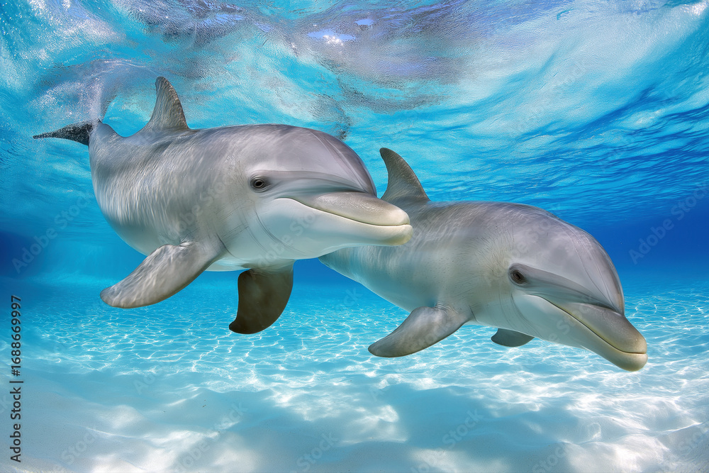 Naklejka premium pair of cute dolphins underwater in aquarium pool close-up