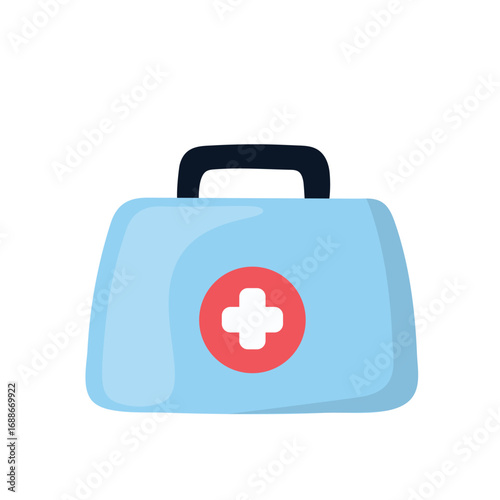 Minimalist blue first aid kit icon with red medical cross symbol. Flat vector style ideal for healthcare, emergency, safety, hospital, or medical service concepts. Isolated on white background