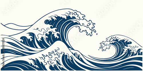 Dynamic ocean waves crash with artistic blue linework, evoking power and natural beauty