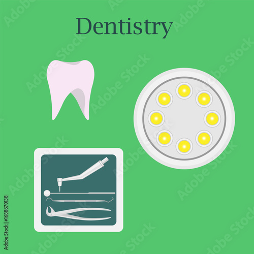  drill, tooth, dental mirror, extraction forceps, dental probe in medical tray and dental lamp on green background