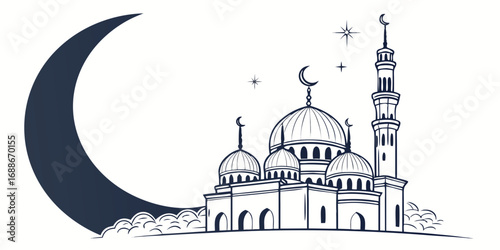 Elegant mosque silhouette with crescent moon and stars, symbolizing Islamic culture and sacred celebration