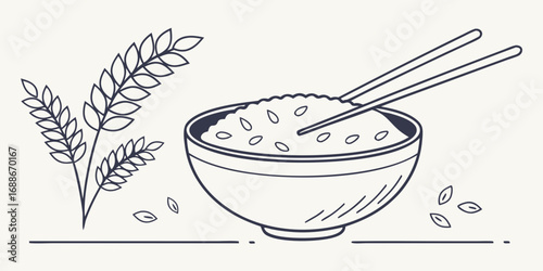 Steaming bowl of rice with chopsticks and stalks of grain, simple illustration for food and Asian culture themes.
