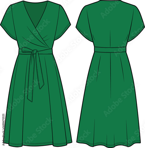 Green short sleeve wrap dress flat sketch, fashion cad illustration, belted waist, midi length, front and back view design