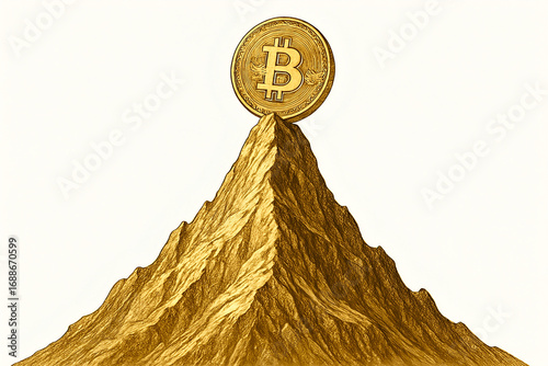 Bitcoin Coin on Top of Golden Mountain Symbolizing Financial Peak
