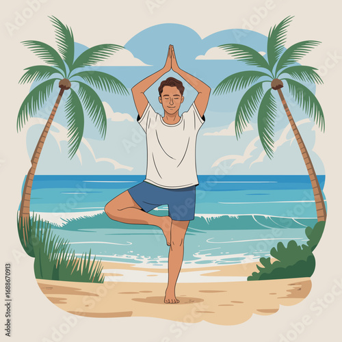 Man Practicing Yoga on Tropical Beach Illustration