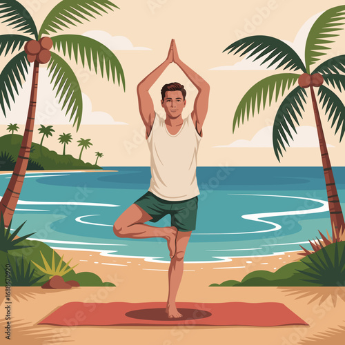 Man Practicing Yoga on Tropical Beach Illustration