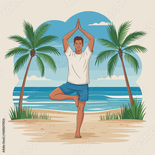 Man Practicing Yoga on Tropical Beach Illustration