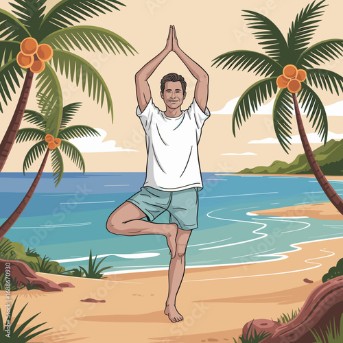 Man Practicing Yoga on Tropical Beach Illustration