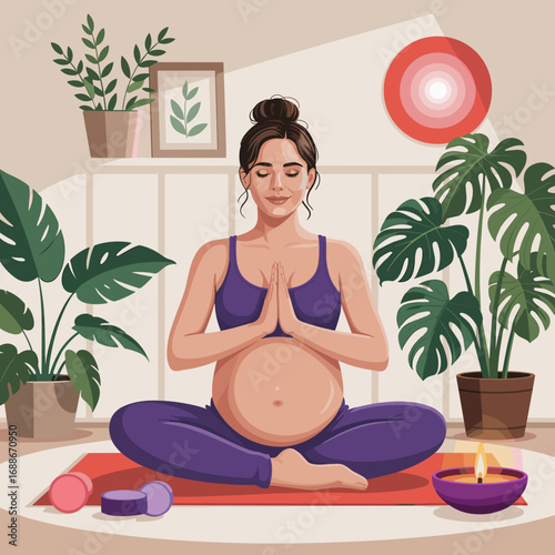 Pregnant Woman Practicing Prenatal Yoga at Home Illutration