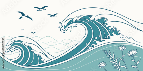 Dynamic ocean waves crash beautifully with serene water and flying birds, evoking nature's power and peace.