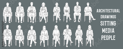 Architectural Drawings sitting media people vector illustration, front view, human person Minimal style hand drawn. Sections, Elevations, Floor Plans