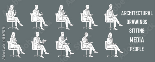 Architectural Drawings sitting media people vector illustration, side view, human person Minimal style hand drawn. Sections, Elevations, Floor Plans