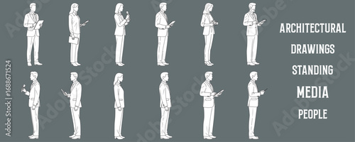 Architectural Drawings standing media people outline vector illustration, side view, human person Minimal style hand drawn. Sections, Elevations, Floor Plans