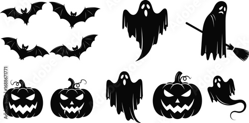 Halloween ghost and bat vector set with scary pumpkins, spooky flying ghosts, creepy bat silhouettes, haunted holiday elements, horror design