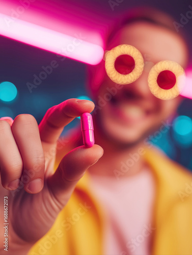 happy man drug addict uses an LSD ecstasy pill in a nightclub. Narcotic hallucinogenic drug pill in a male hand
