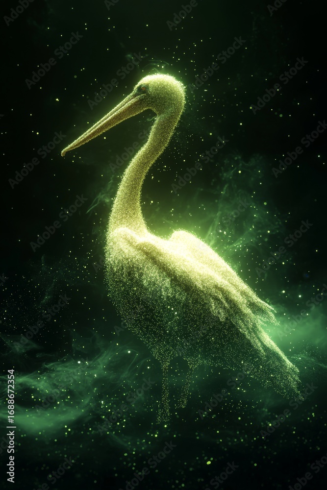 Fototapeta premium Ethereal pelican silhouette surrounded by mist and stars, glowing softly in dark cosmic environment, capturing mystical atmosphere. totemic animal in neon light on starry sky. Horoscope