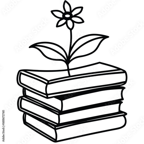 Black and white line drawing of stacked books with a flower growing from the top reading literature