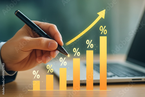 Hand Drawing Growth Chart with Percentage Bars and Upward Arrow