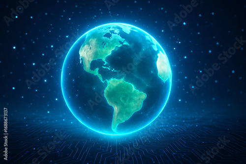 Glowing Digital Earth Globe with Futuristic Technology Background