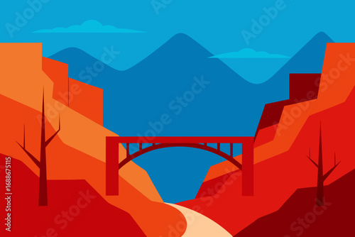 Vibrant minimalist vector art of a bridge over a canyon at sunset