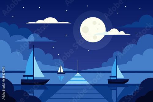 Serene waterfront sunset with sailboats and a large moon in minimalist vector art