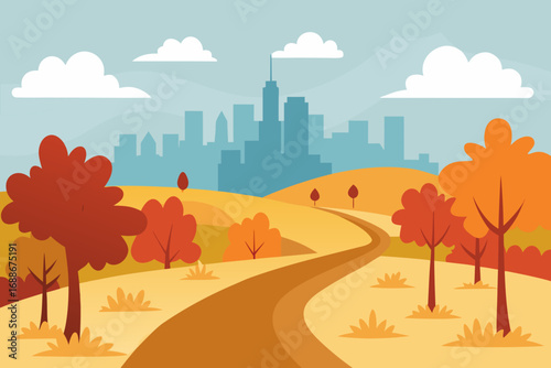 Vector illustration of autumn cityscape nature scene with skyline and road
