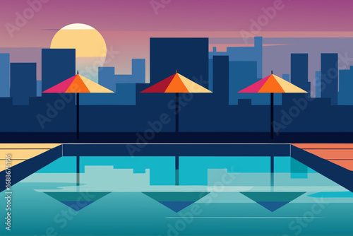 Serene waterfront cityscape with umbrellas reflecting in pool at sunset