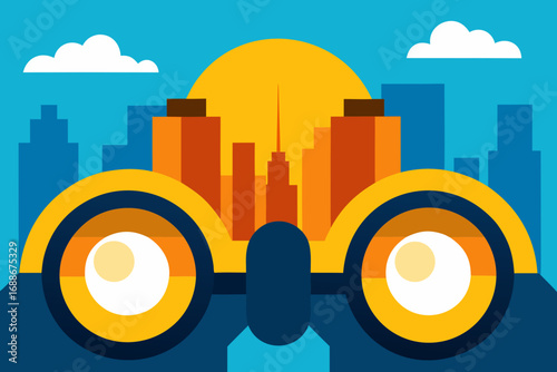 Abstract cityscape and car illustration with sunset sky for vector graphics