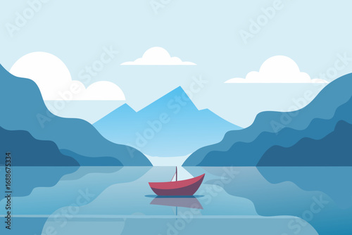 Serene lake landscape illustration with a boat and mountains in minimalist style