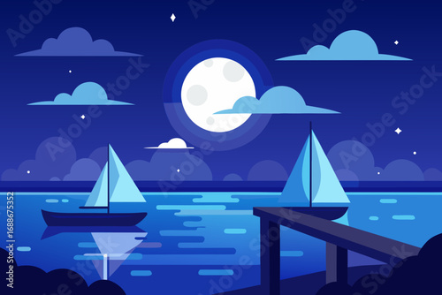 Serene moonlit sailboat scene minimalist vector illustration peaceful waterfront night
