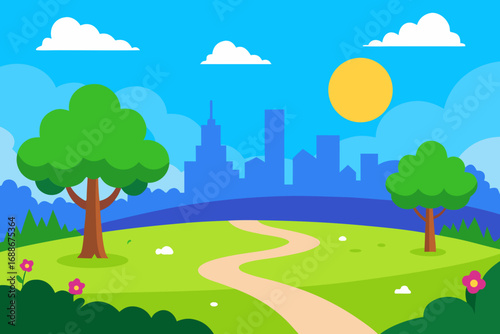 Vibrant city park landscape illustration with trees and skyline at sunset