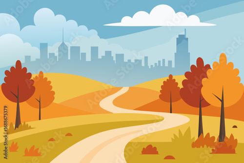 Autumn cityscape vector illustration with a winding path and vibrant fall colors