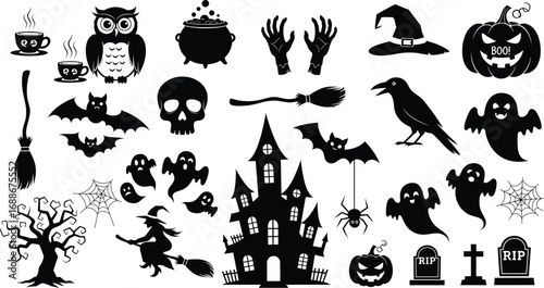 Halloween Silhouette Vector Set – Haunted House, Ghosts, Witches, Pumpkins, Spiders, Bats, and Other Spooky Elements