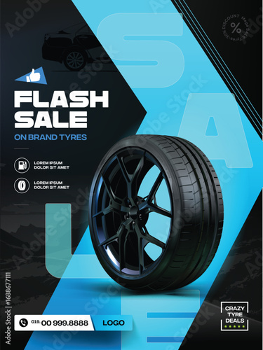 Vertical poster on the topic of car tire sales. Promotion, sale, web design