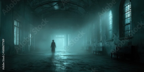 Haunted Asylum with Eerie Spirit Silhouette: A Scary Encounter in a Moody Atmosphere