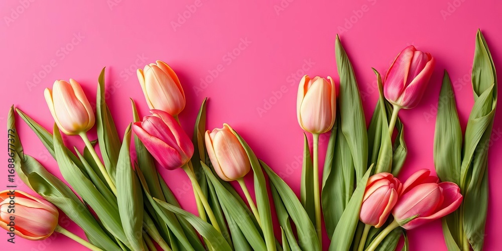 Fototapeta premium Vibrant pink backdrop showcases a flat lay of spring tulips , pink background, blossom
